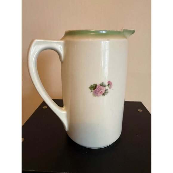 Antique Porcelain Pitcher Hand Painted Florals Pastel Green Pink - Picture 3 of 7